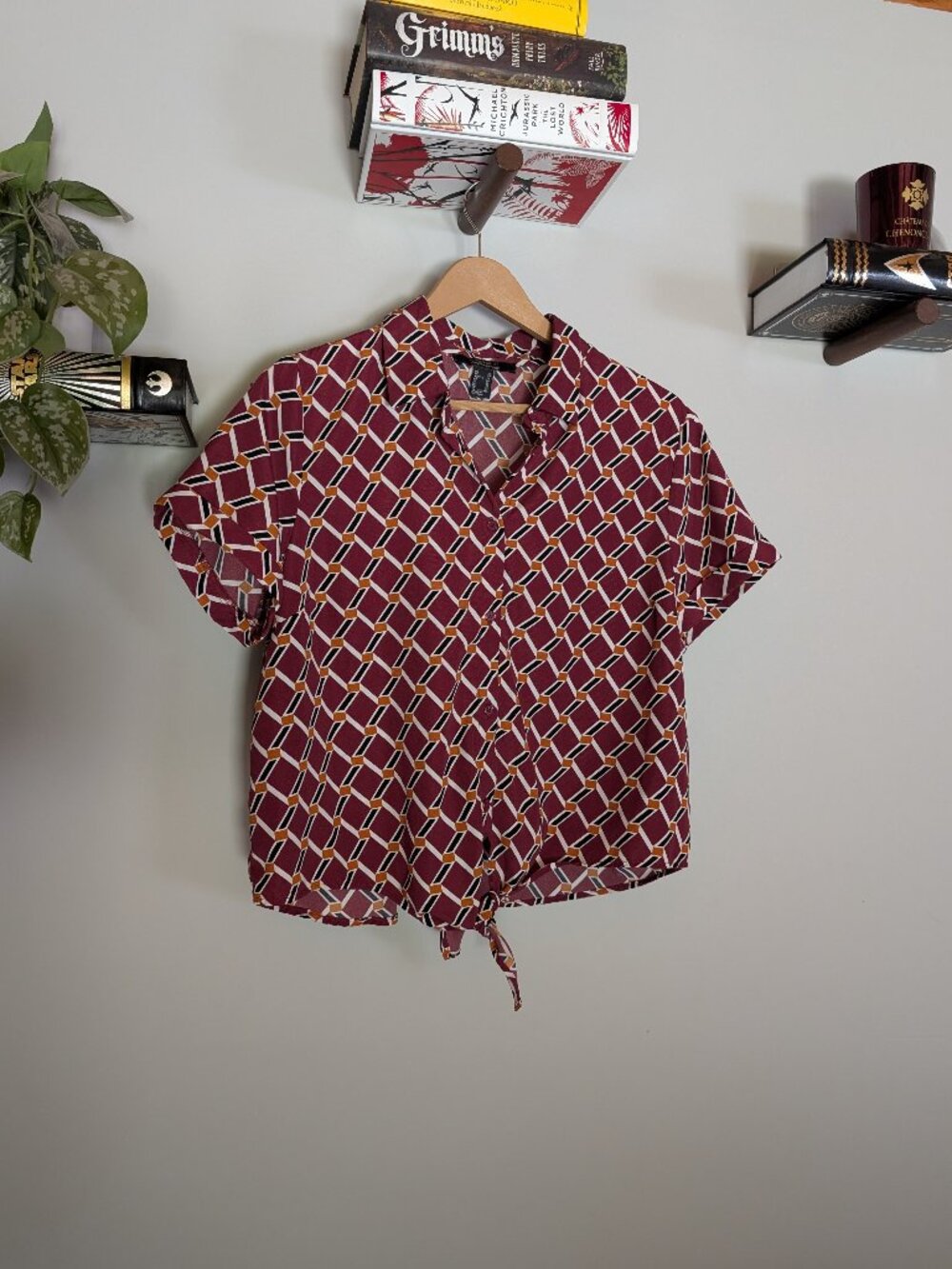 Forever21 Contemporary | Button Down Short Sleeve Cropped Tie Front Top | XLarge
